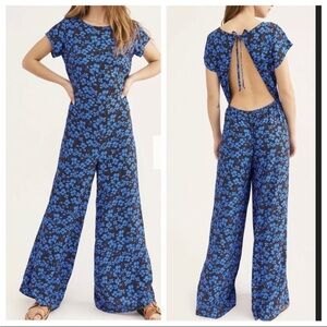 Free People Hailee Open Back Wide Leg Jumpsuit Blue Black Floral  Sz M